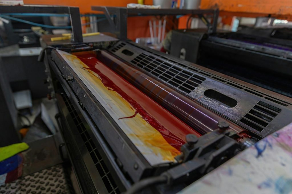 Offset printing machines. Large printing machine perspective.